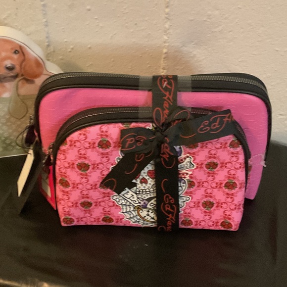 Ed Hardy Handbags - Ed Hardy Pink Skull & Rose Cosmetic Bag Duo